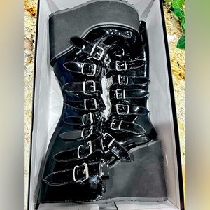 Demonia Woman’s Knee High Platform Boots with Metal Plates Swing 815